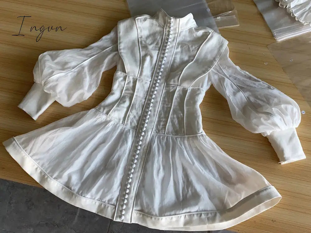 Ingvn - High-end Custom Fashion runway Dresses Stereoscopic cut slender button with bubble sleeves ladies dress