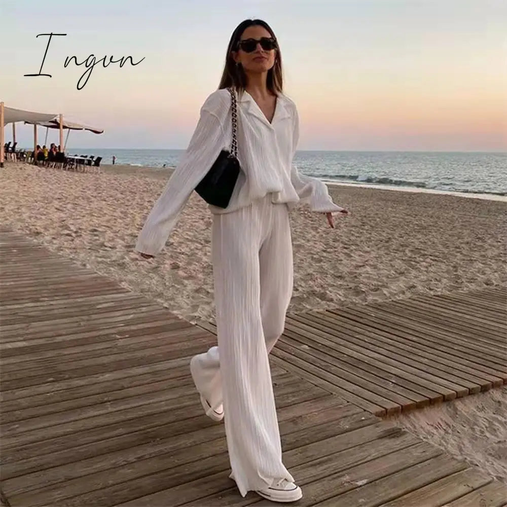 Ingvn - Women Pleated 2 Piece Pants Sets Spring Summer Streetwear Long Sleeve Button Down Shirt+Straight-Leg Pants Loose Outfits