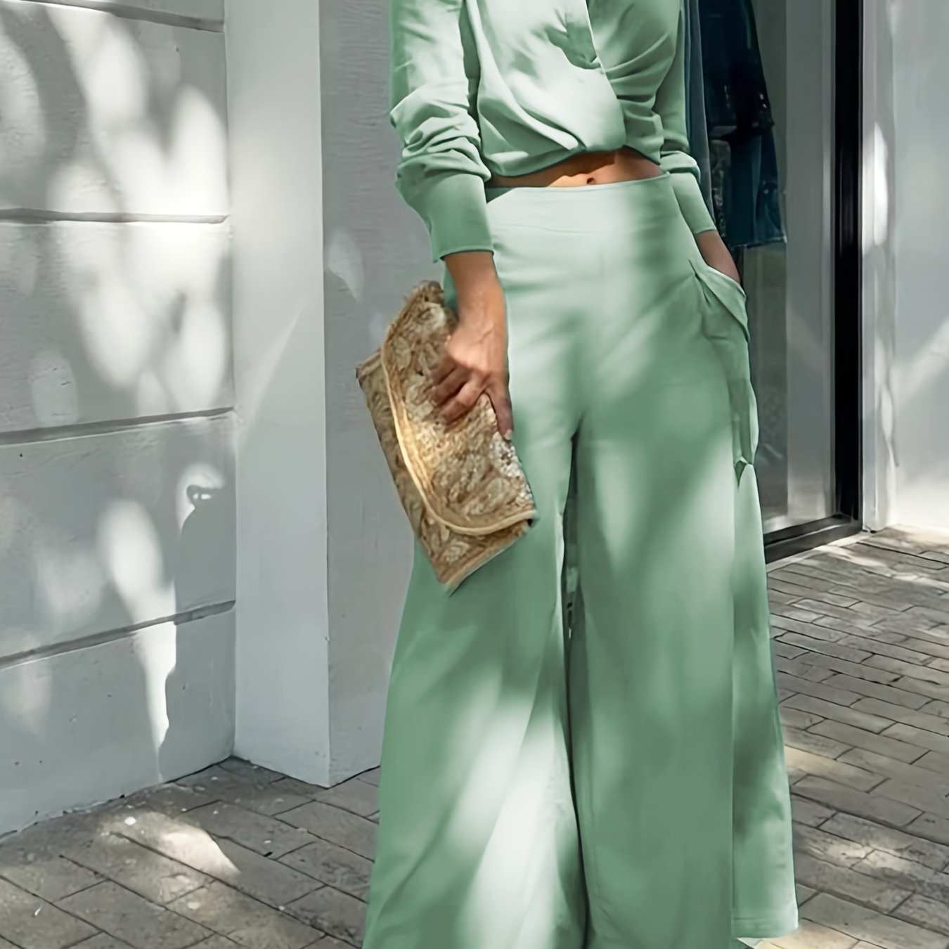 Two-piece Set, Long Sleeve Casual Matching Women's Clothing, Wide Leg Pants Outfits Blouse