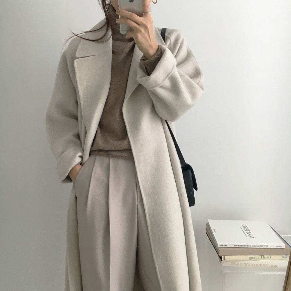 Autumn Winter Thicken Loose Wool & Blend Coats Women Elegant Lapel Full Sleeve Lace-up Oversized Female Outwear