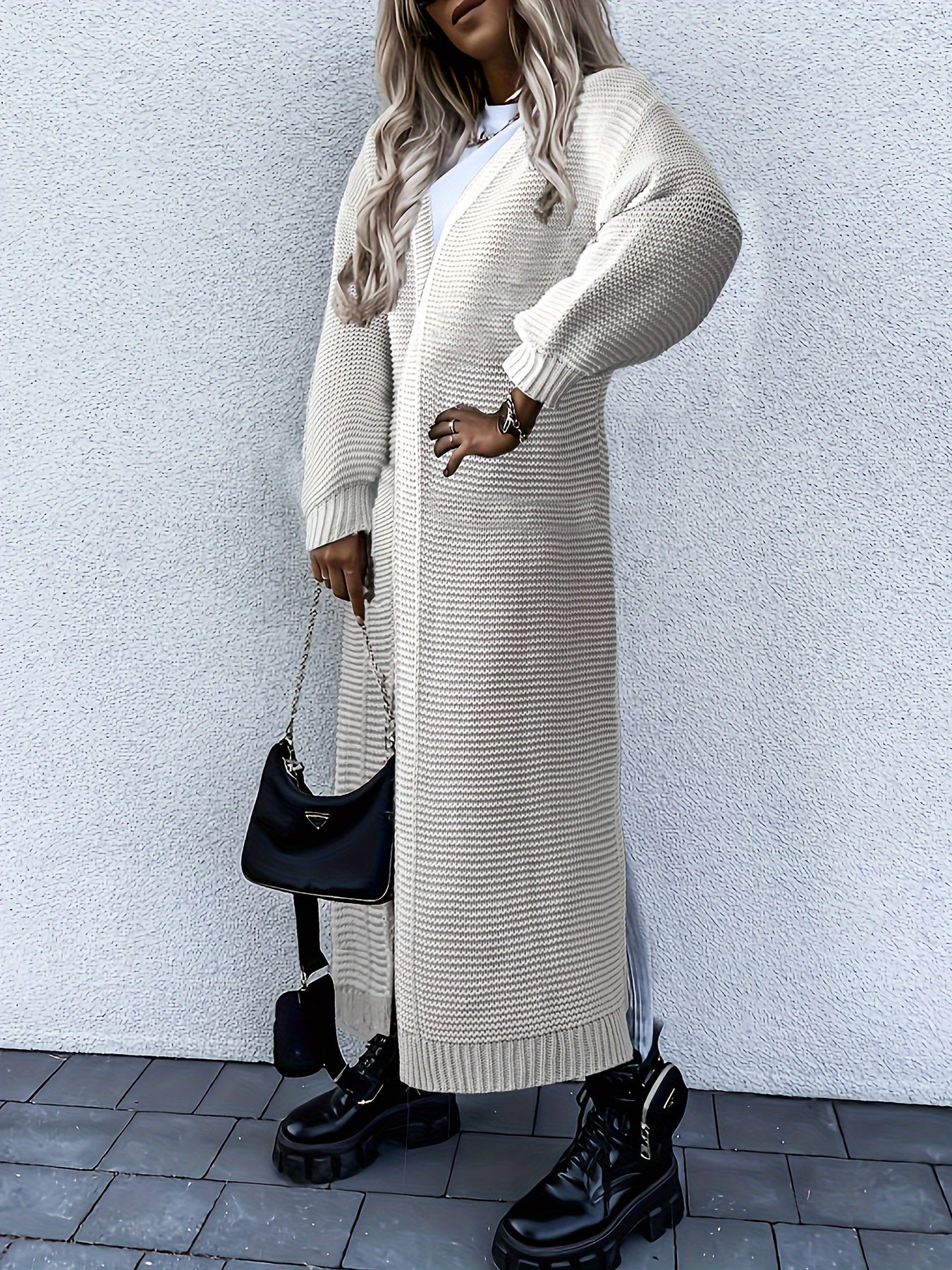 Women's Stylish All-Season Cardigan - Durable Knit with Chic Solid Color, Micro Elasticity, Open Front, and Side Splits