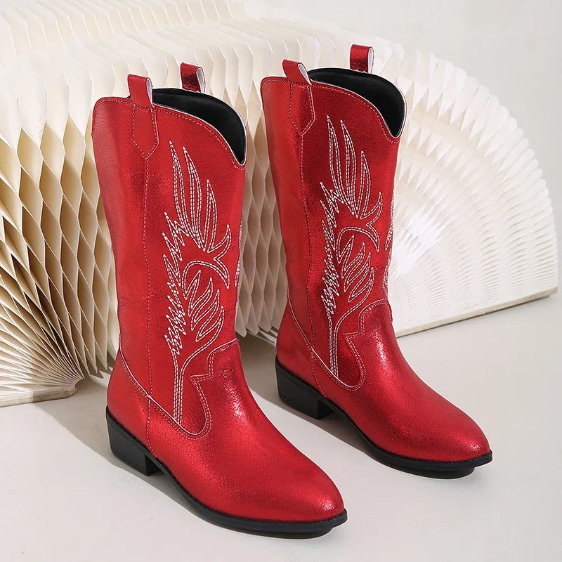 Ingvn  Vintage Thick Heel Women Western Cowgirl Boots Fashion Slip On Shoes Autumn Winter Embroidery Ladies Mid Calf Booties