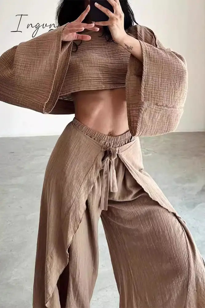 Ingvn - Casual Solid Frenulum Flounce Slit O Neck Long Sleeve Two Pieces