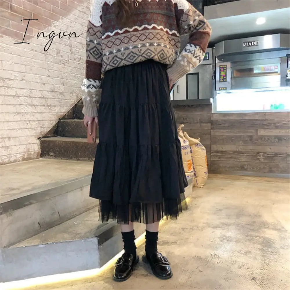Ingvn - Long Tulle Midi Skirts Womens Autumn Elastic High Waist Mesh Tutu Pleated Skirts Female Black White Long Skirt Streetwear
