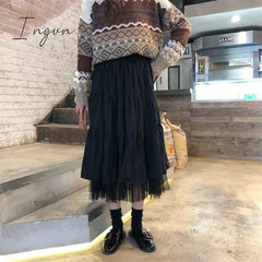 Ingvn - Long Tulle Midi Skirts Womens Autumn Elastic High Waist Mesh Tutu Pleated Skirts Female Black White Long Skirt Streetwear