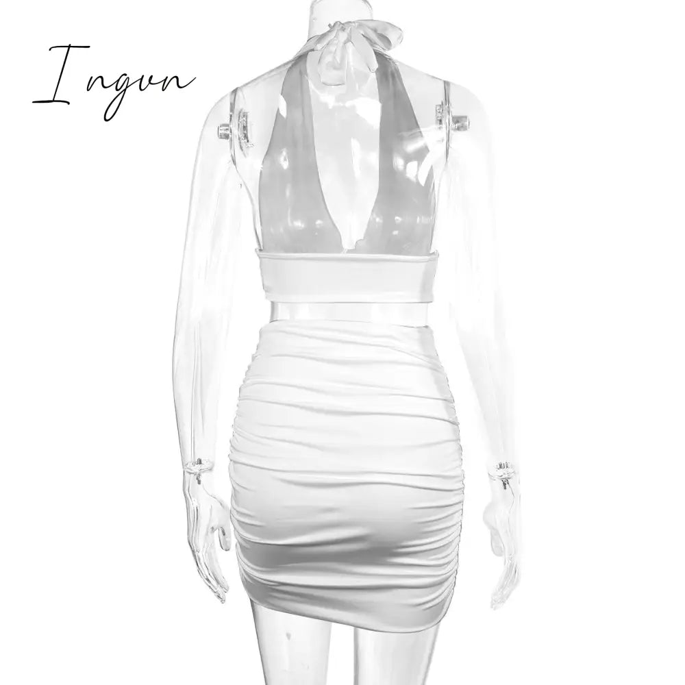 Ingvn - 2 PCS Sexy Ruffle Mini Dress Set Black Deep V Top Summer Skirts Suits Bodycon Women Party Tight Short Dress Suit