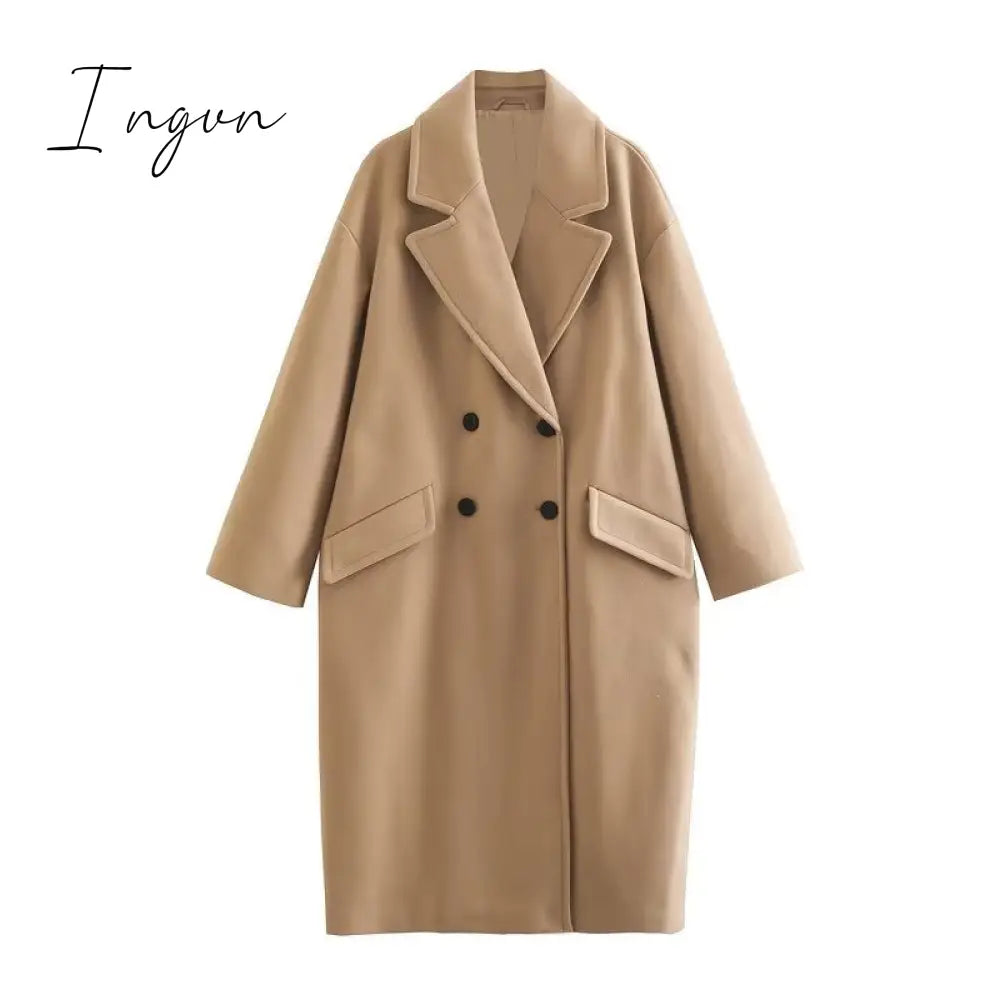 Ingvn - 2023 Trends Hot Sale Casual Autumn Women Commuter Pocket Jacket Elegant Double Breasted Straight Outerwear Fashion Lapel Solid New Long Sleeve Coats