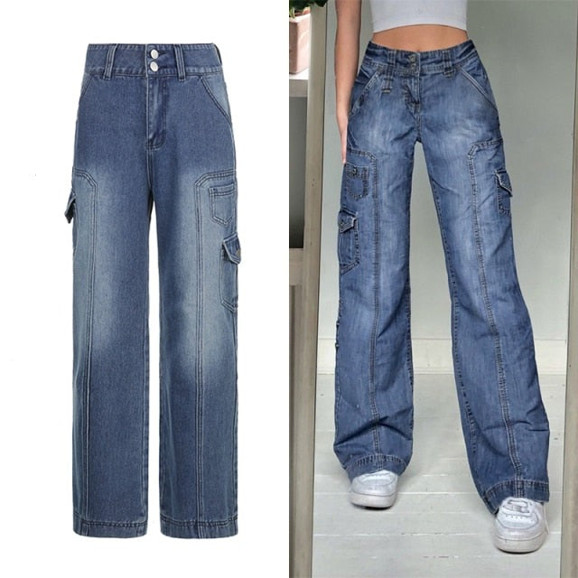 Rockmore Brown Vintage Baggy Jeans Women 90s Streetwear Pockets Wide Leg Cargo Pants Low Waist Straight Denim Trousers