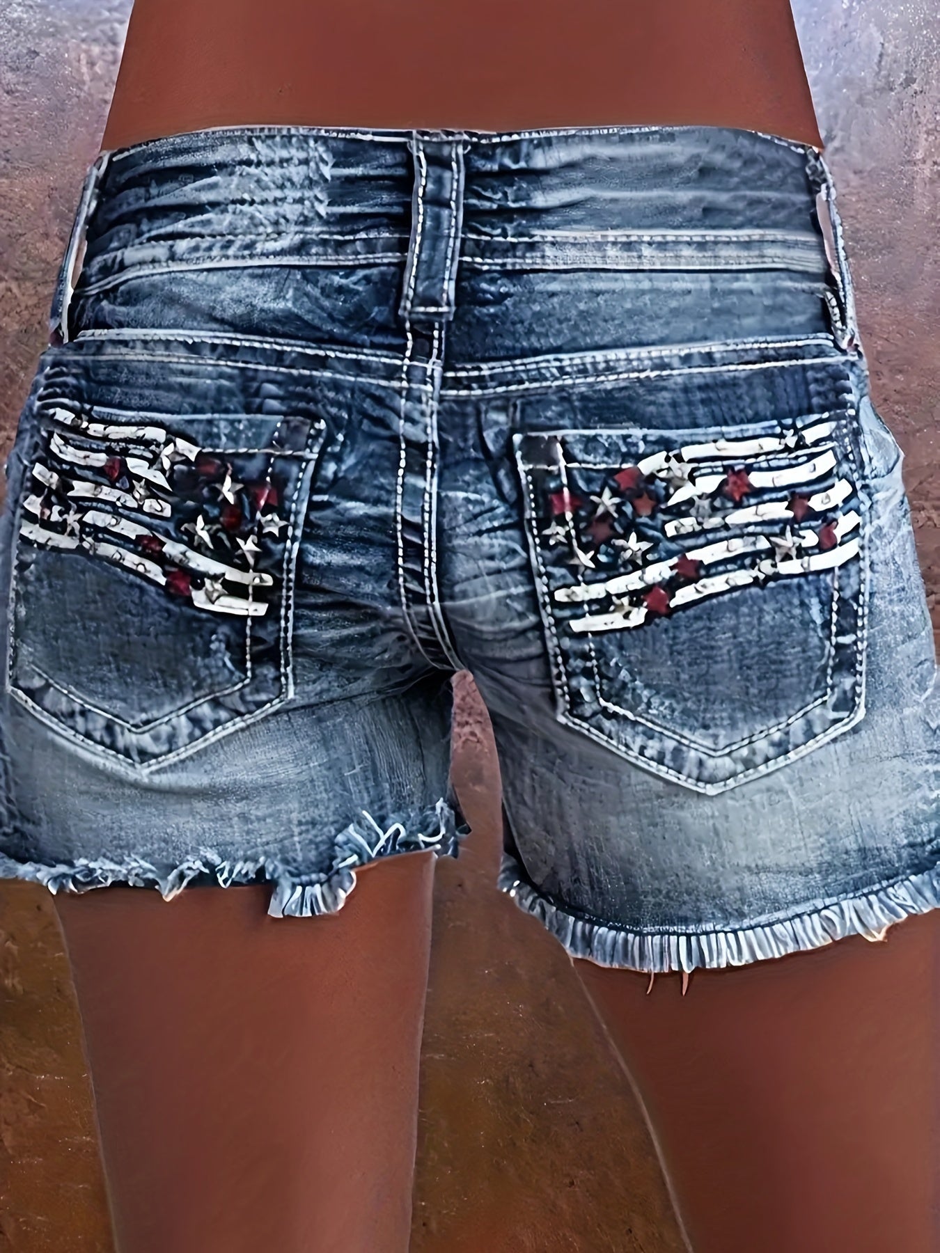 Women's High-stretch Single-breasted American Flag Patchwork Raw Hem Distressed Independence Day Outfit 4th Of July Embroidered Ripped Denim Shorts