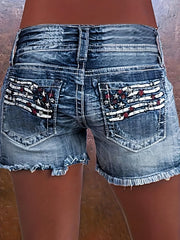 Women's High-stretch Single-breasted American Flag Patchwork Raw Hem Distressed Independence Day Outfit 4th Of July Embroidered Ripped Denim Shorts