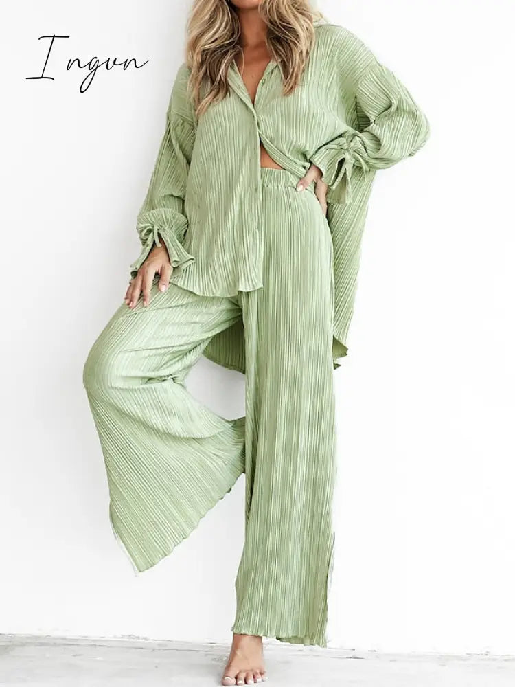 Ingvn - Women's Shirt Pants Sets Black White Light Green Solid Color Long Sleeve Casual Daily Fashion Shirt Collar Regular Fit Spring &  Fall