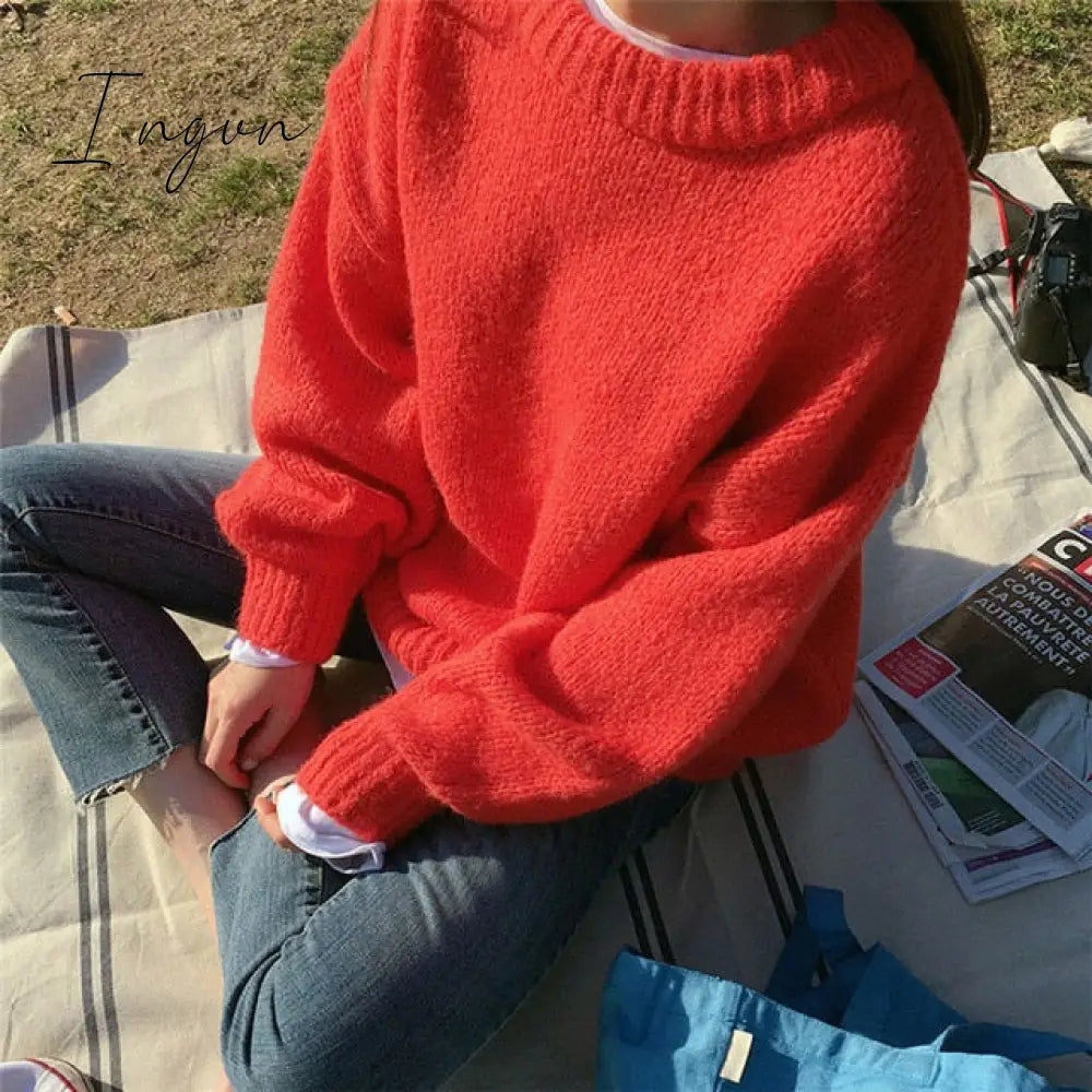 Ingvn - Sweater Women Autumn Winter Solid O Neck Pullover Sweaters Korean Style Knitted Long Sleeve Jumpers Casual Tops