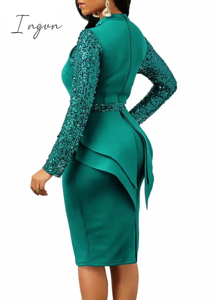 Ingvn - New arrival spring sexy lady 3 colors mid dress zipper fly ruffles bud dress full sleeve slivers office lady new dress
