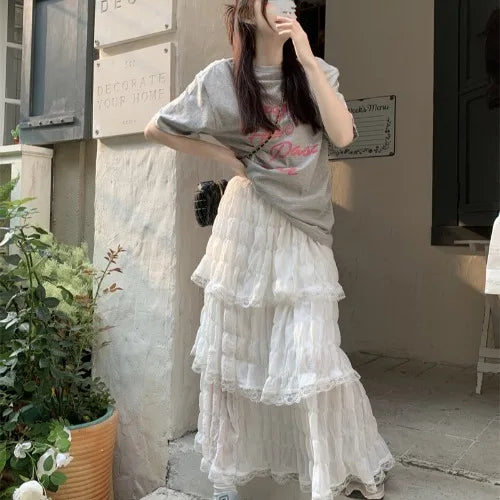 White Gauze Half Skirt Women Summer New French Vintage Cake Skirt High Waist A-line MIDI Skirt Korean Fashion Faldas