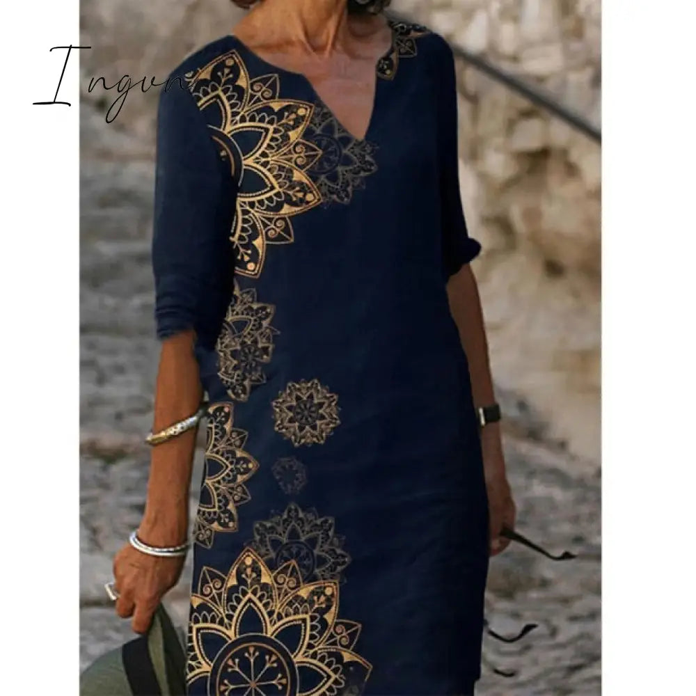 Ingvn - Printed Loose Satin Night Dress Women's Fashion Casual Vintage Spring Summer All-match Plus Size Beach Dresses Vestidos