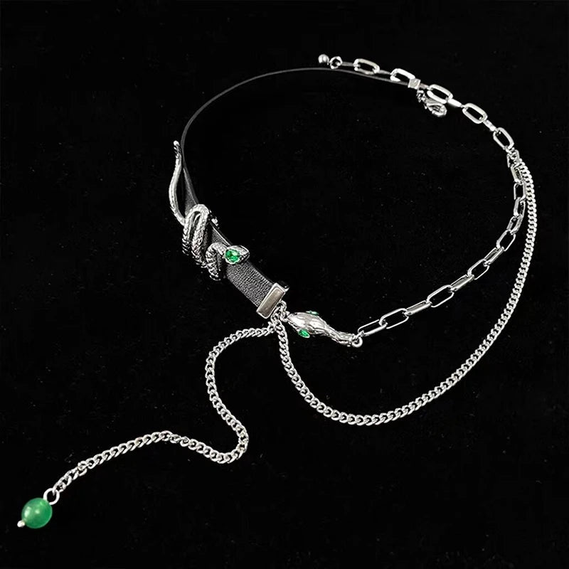 INGVN  Punk Snake Shape Necklace Original Design Tassels Cool Style Thick Plated Silver Color Chain Black Chokers For Women Jewelry