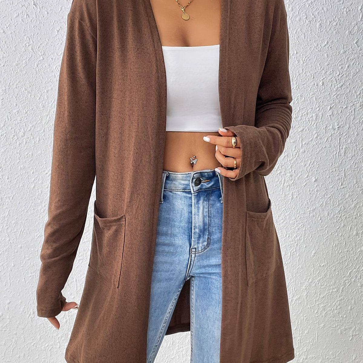 Dual Pockets Open Front Cardigan, Stylish Solid Color Long Sleeve Cardigan For Spring & Fall, Women's Clothing