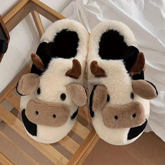 Womens Cartoon Cow Slippers - Plush Warm Lining, Closed Toe Fuzzy Slides, Ultimate Indoor Comfort for Cozy Days