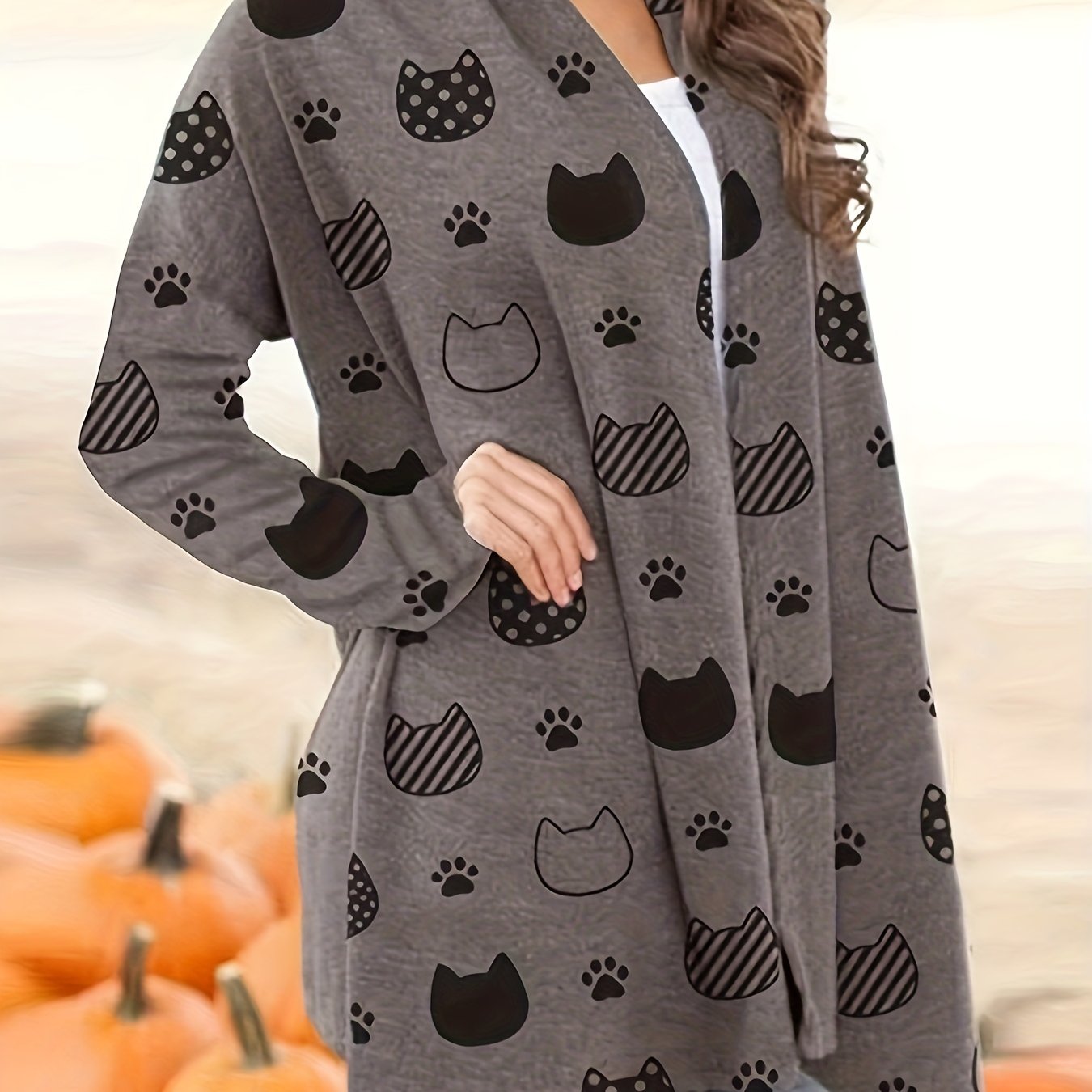 Vibrant Halloween Cat Print Long Sleeve Open Front Cardigan - Soft Mid-Elastic Polyester Knit Fabric, V-Neck, Casual Style, Perfect for Spring, Summer, and Fall - Womens Fashion Outerwear