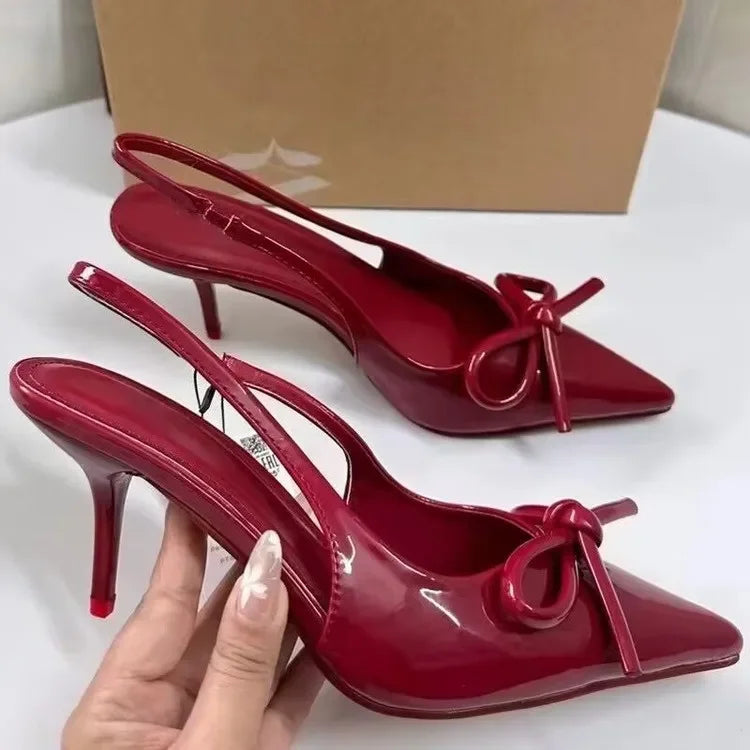 Women Summer Red Leather Pointy Bow Sandals Design Buckle Strap Sandals Women Sexy Open Toe Thin Heels Party Pumps Zapatos Mujer