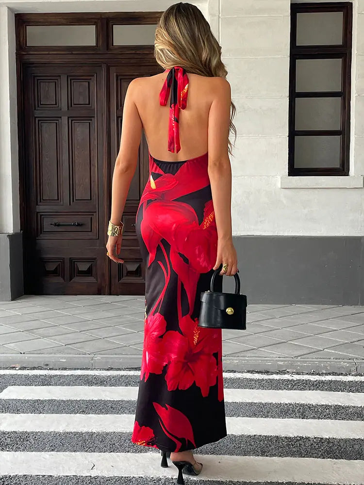 Women Neck-Mounted Maxi Dresses Summer New Streetwear Fashion Lace-up Dress Red Sexy Lady Print Backless Low Chest V-Neck Dress