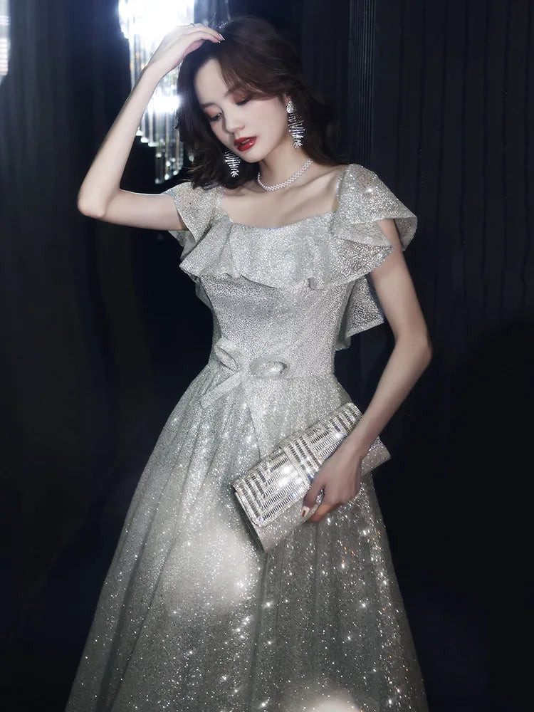 Customized Starry Evening Dress Female 2025 New Elegant Banquet Super Fairy Wedding Party Vestidos Celebrity Silver Long Slim Pr