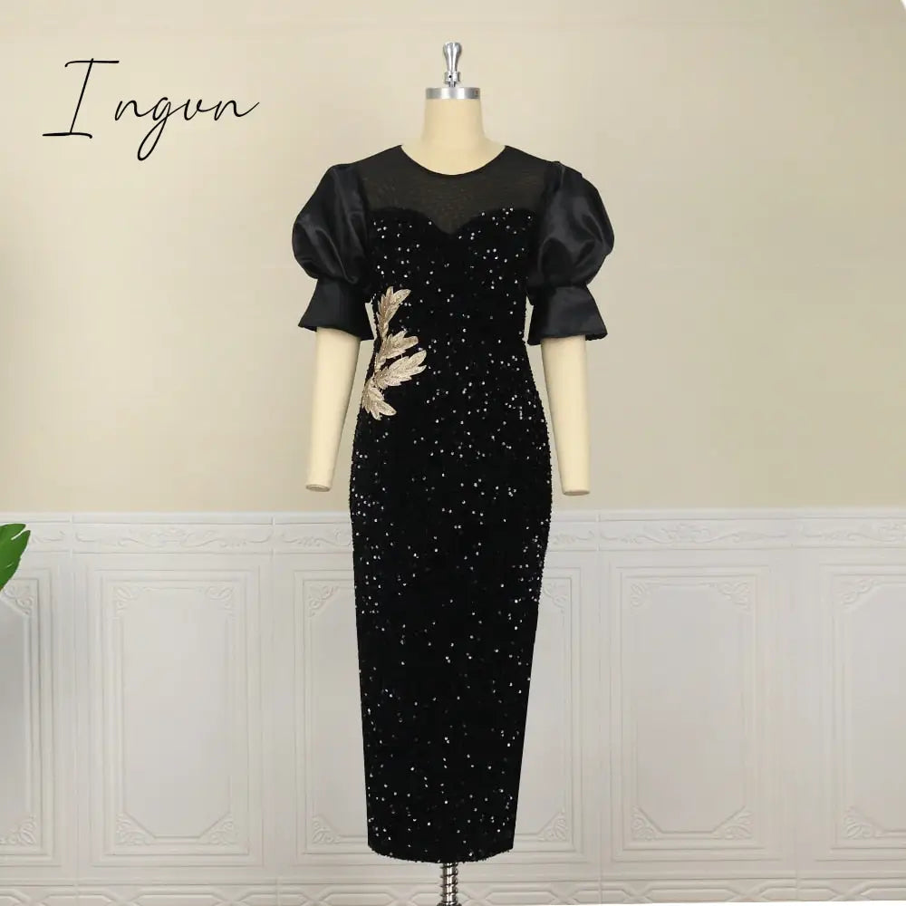 Ingvn - Womens Fashion Women Black Long Dress Sequined Shiny Glitter Embroidered Chest Wrapped Puff Sleeve Classy Winter Fall Party Celebrity Birthday