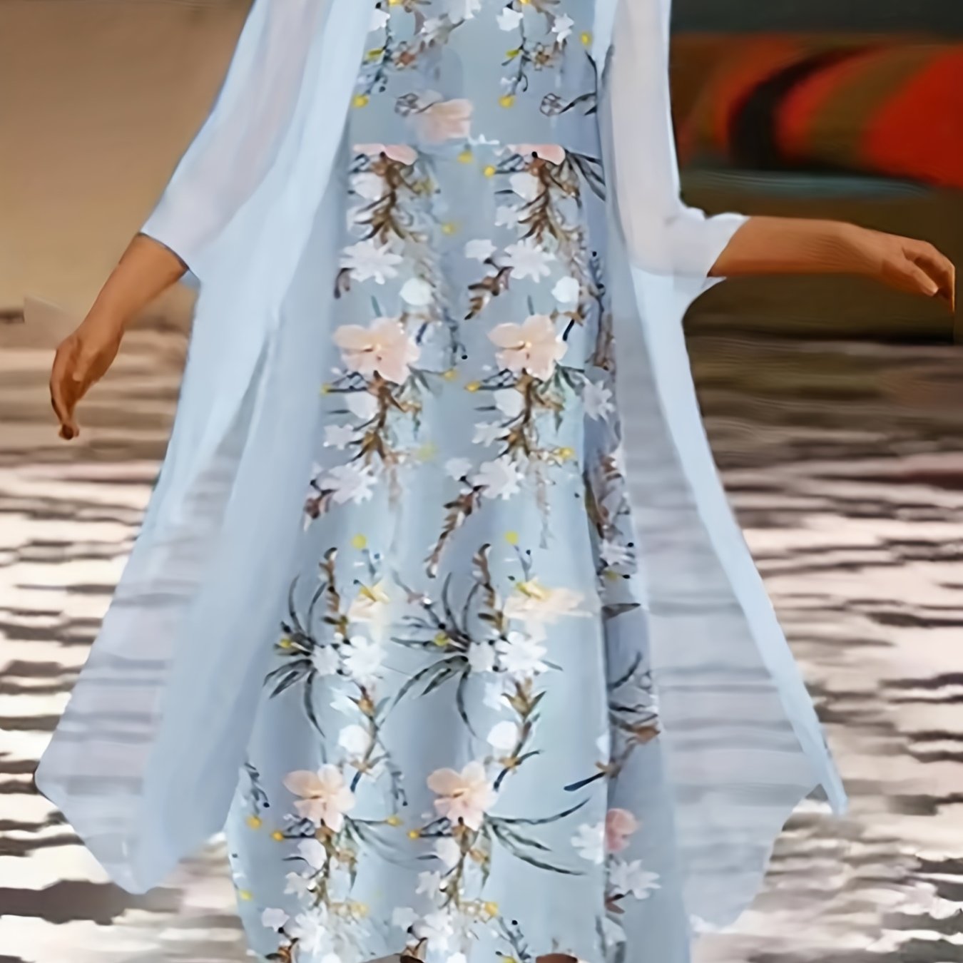 Plus Size Outfits Set, Women's Plus Floral Print Round Neck Tank Dress & Long Sleeve Coat Outfits Two Piece Set