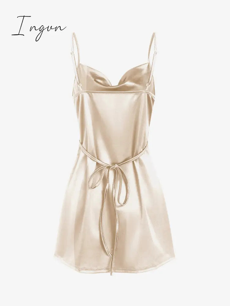 Ingvn - Women's Sexy Satin Dress Spaghetti Strap Slips Nightwear Side Slit Cocktail Party Silk Mini Dresses