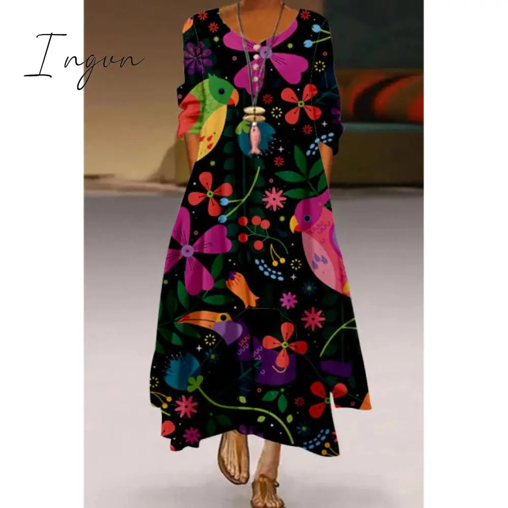 Ingvn - Fashion Summer Maxi Dress Women's Printed Sundress Casual Short Sleeve Vestidos Female High Waist Robe Femme midi elbise
