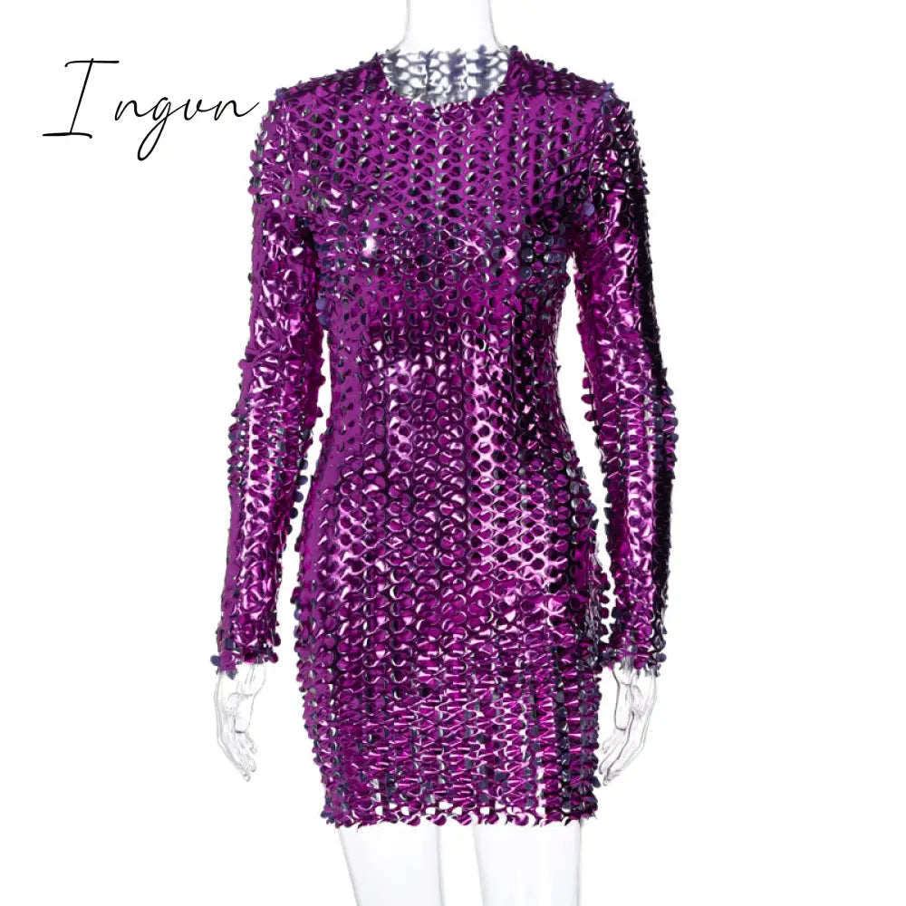 Ingvn - Long Sleeve Cut Out Solid Skinny Sexy Mini Dress Autumn Winter Women Fashion Party Club Elegant Outfits