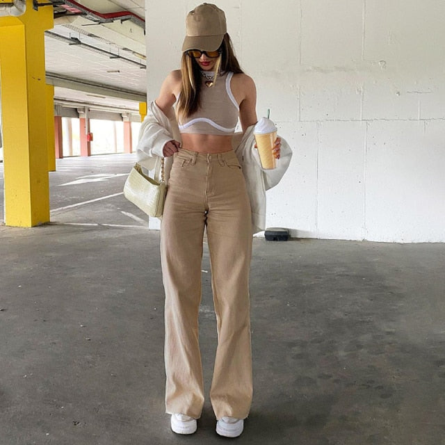 Rockmore Brown Vintage Baggy Jeans Women 90s Streetwear Pockets Wide Leg Cargo Pants Low Waist Straight Denim Trousers
