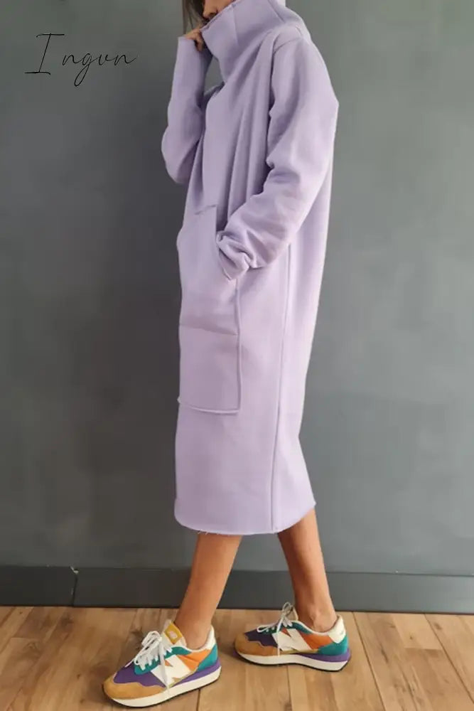 Ingvn - Casual Solid Pocket Turtleneck Long Sleeve Dresses