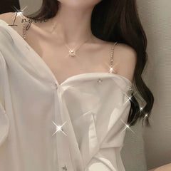 Ingvn - Sexy Off shoulder Top Women Button up White Shirt Long sleeve Chiffon Blouse With Chain Ladies Office Casual