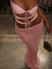 Sexy Hollow 2 Piece Set Women Chic Summer Vacation Beach Strapless Knot Tops+Mesh Long Skirts Solid Stretch Clubwear
