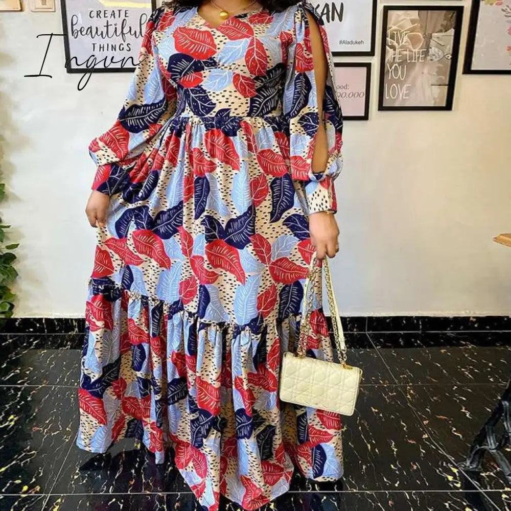 Ingvn - Summer Party Long Maxi Dress Women Long Sleeve Slit Vintage Printed Pleated Bohemian Beach Sundress Casual Vestido