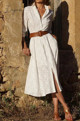 Ingvn - Elegant Geometric Pocket Printing Turndown Collar A Line Dresses