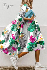 Ingvn - Casual Print Patchwork Turndown Collar Cake Skirt Dresses(11 Colors)