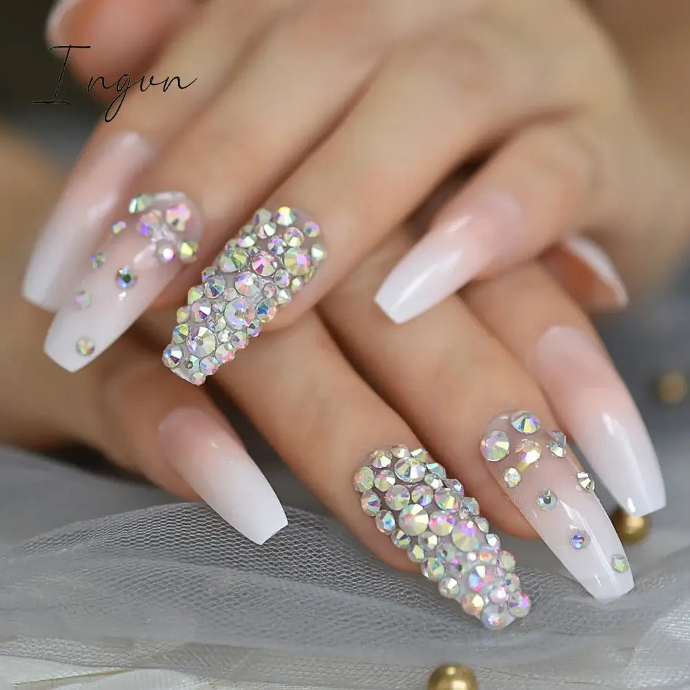 Extra Long Stiletto Press on False Nails Full Cover 3D Rhinestone Fake Nails Manicure Nail Art Tips Set for Wedding Party