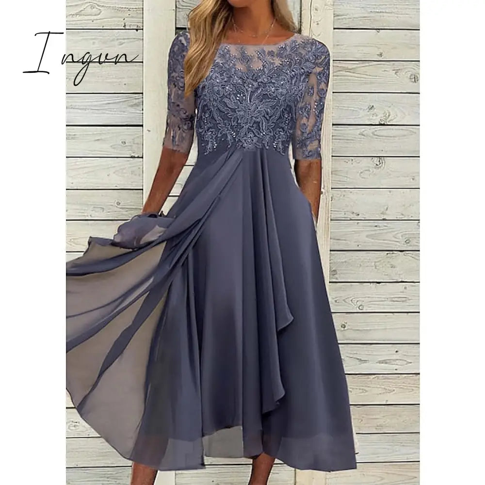 Ingvn - Women‘s Cocktail Party Dress Lace Dress Midi Dress Green Blue Purple Half Sleeve Floral Embroidery Lace Summer Spring Crew Neck Elegant Classic Wedding Guest 2023 S M L XL XXL 3XL