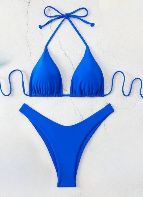 Hot Sale Solid Color Bikini Swimsuit Women's Three-point Sexy Tether Backless High Waist Split Swimsuit