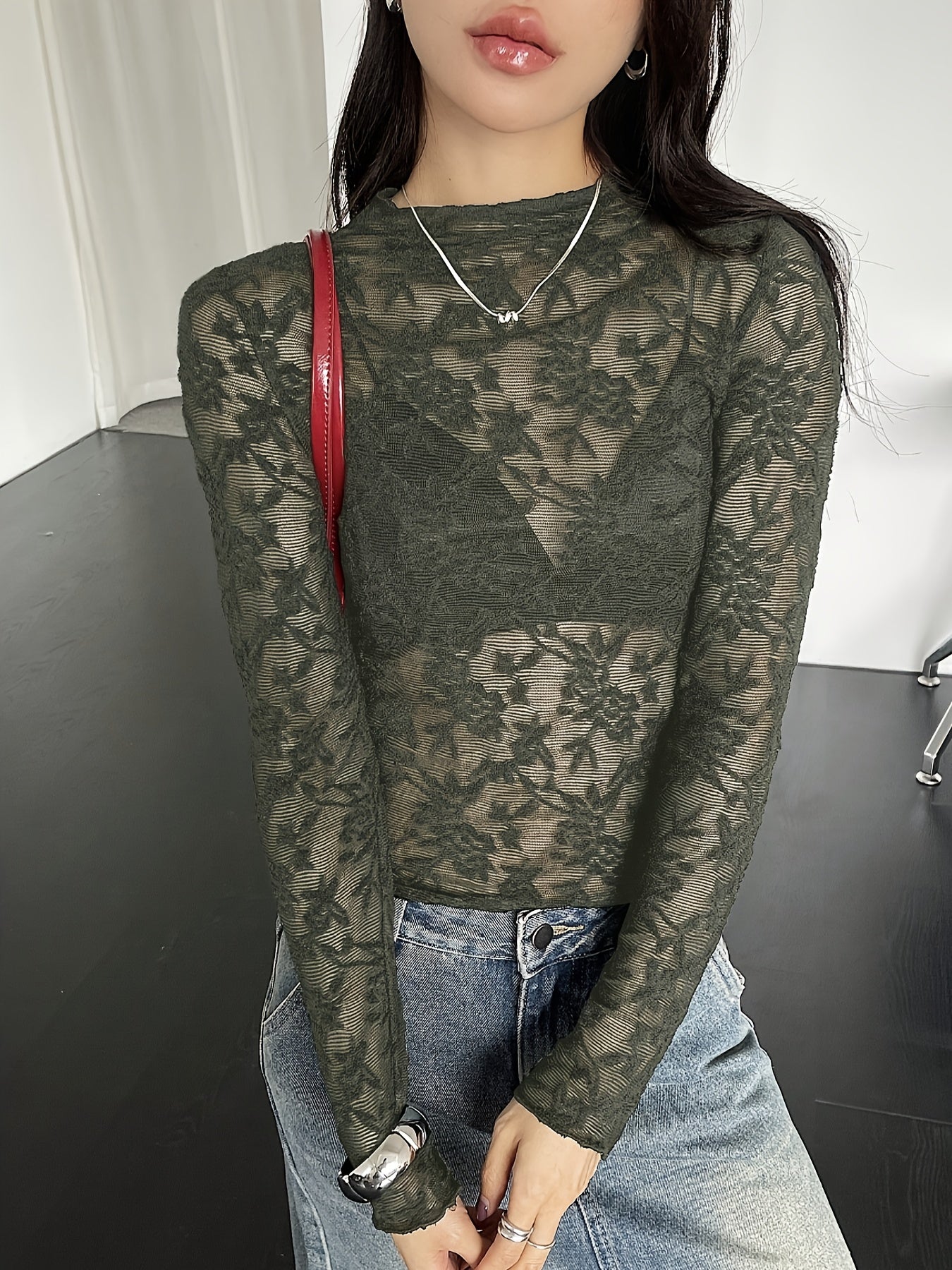 Women'S Y2K Style Long Sleeve T-Shirt, Sexy Sheer Mesh Knit Top with Crew Neck, 100% Polyester, Regular Length, 150g/m² Fabric Weight, Solid Color - Spring/Summer/Fall Fashion