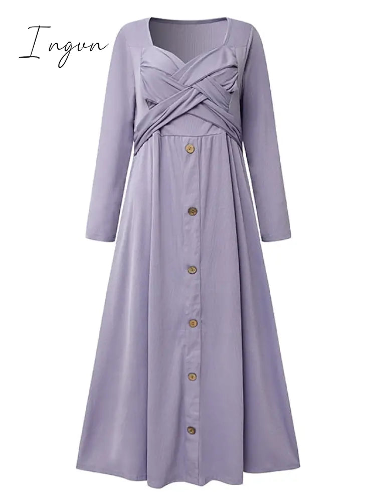 Ingvn - Women's Casual Dress Summer Dress Pleated Dress Plain Ruched Button V Neck Midi Dress Fashion Mature Outdoor Street Half Sleeve Loose Fit White Purple Green Summer Spring S M L XL XXL