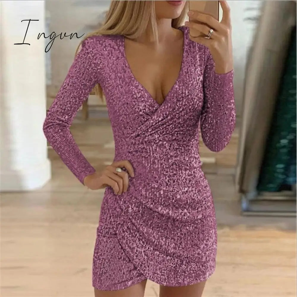 Ingvn - New Sexy Women Dress Sequins Glitter Women V-neck Long Sleeve Self Cultivation Dresses Elegant Ladies Party Dress