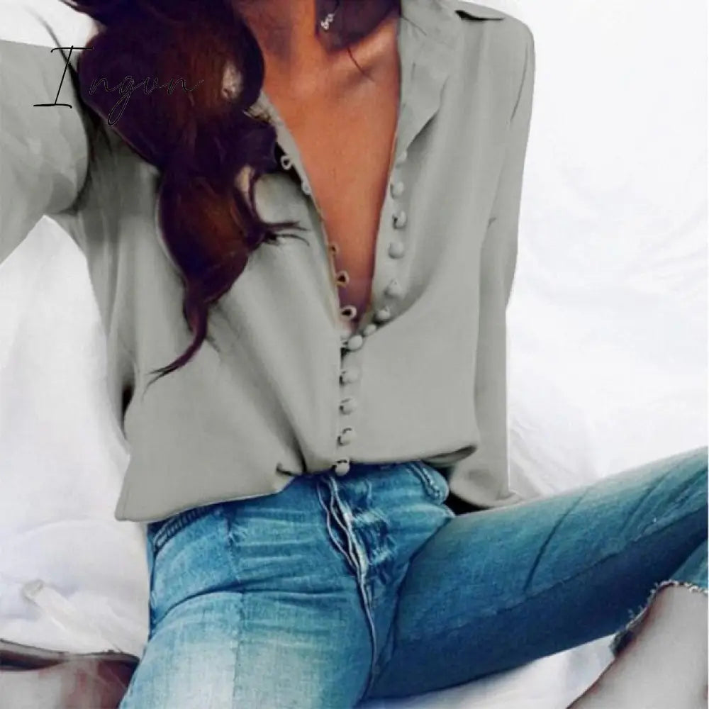 Ingvn - Fashion Casual Solid Color ladies office Tops Sexy Buttons Long sleeve Blouse new Spring Women Chiffon white Shirt