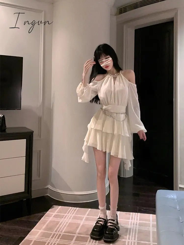 Ingvn - Autumn Fairy Pure Color Short Party Dress Korean Fashion Elegant Mini Dress Woman Design Casual Long Sleeve Dress Female