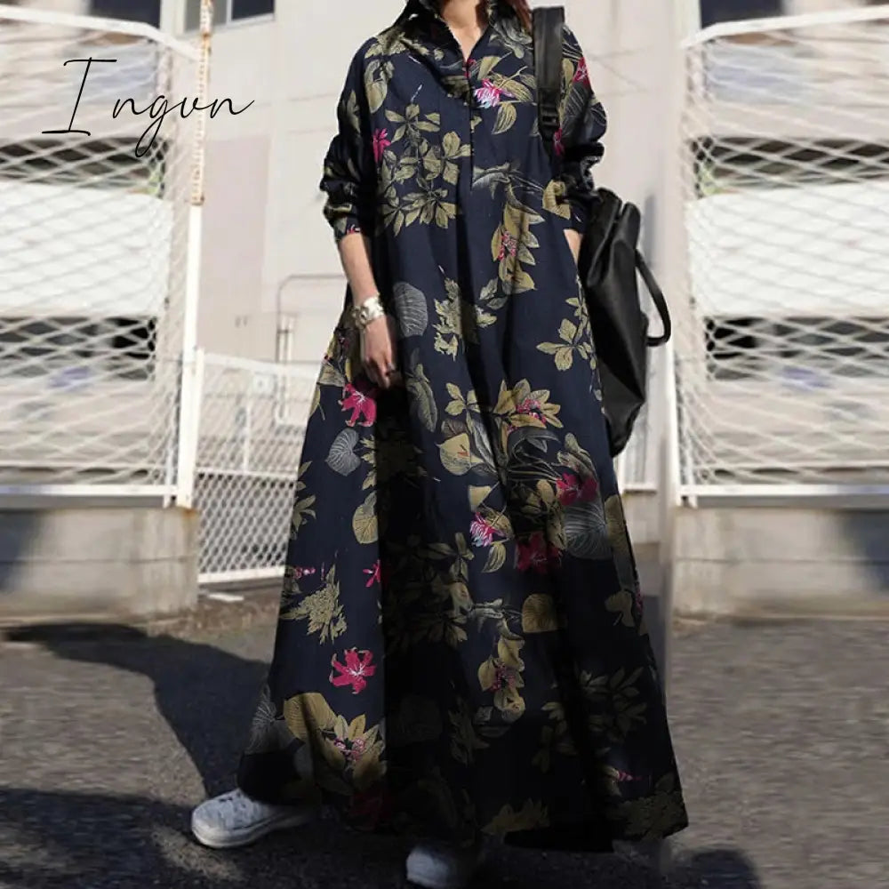 Ingvn - Summer Stylish Women Vintage Long Sleeve Loose Sundress Casual Long Maxi Dress Kaftan Femme Solid Party Vestido Robe