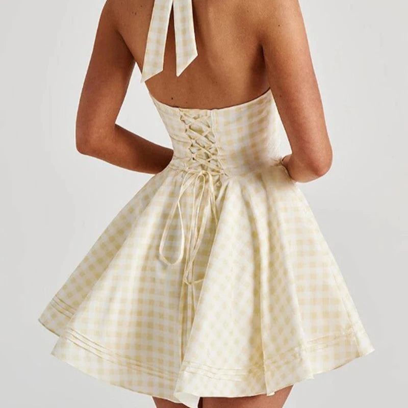 Sexy Backless Halter Mini Plaid Dress Women Deep V  Lacing Up Bandage Back A-line  Holiday Summer Dresses Short Robe
