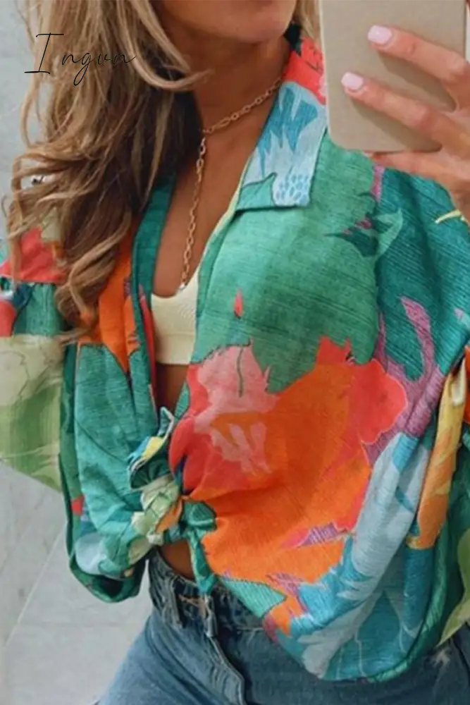 Ingvn - Casual Print Patchwork Turndown Collar Blouses(4 Colors)