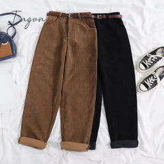Ingvn - High Waist Wide Leg Corduroy Long Pants with Belt